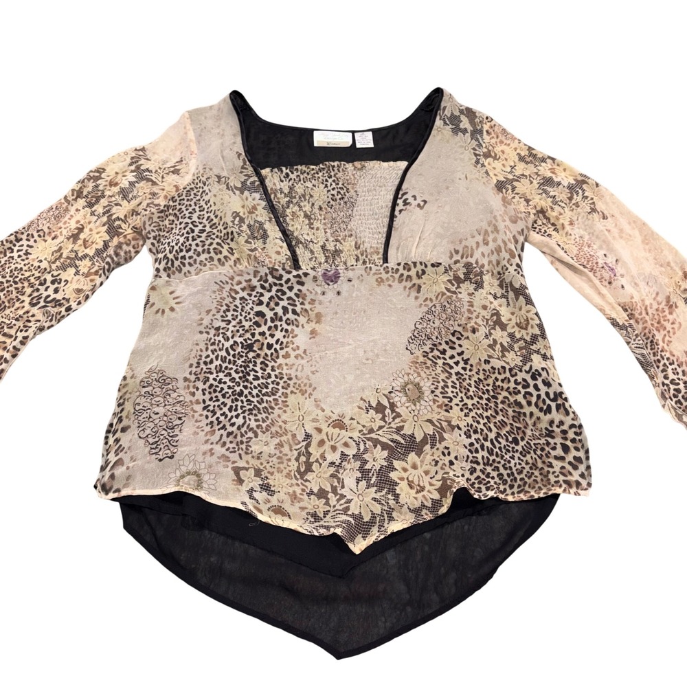 Leopard Floral Silk Blouse New York City Design Co Top Womens 1X Brown Animal